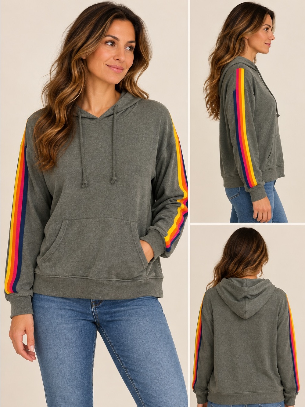 Olive Hooded Pullover with Multicolor Sleeve Stripes